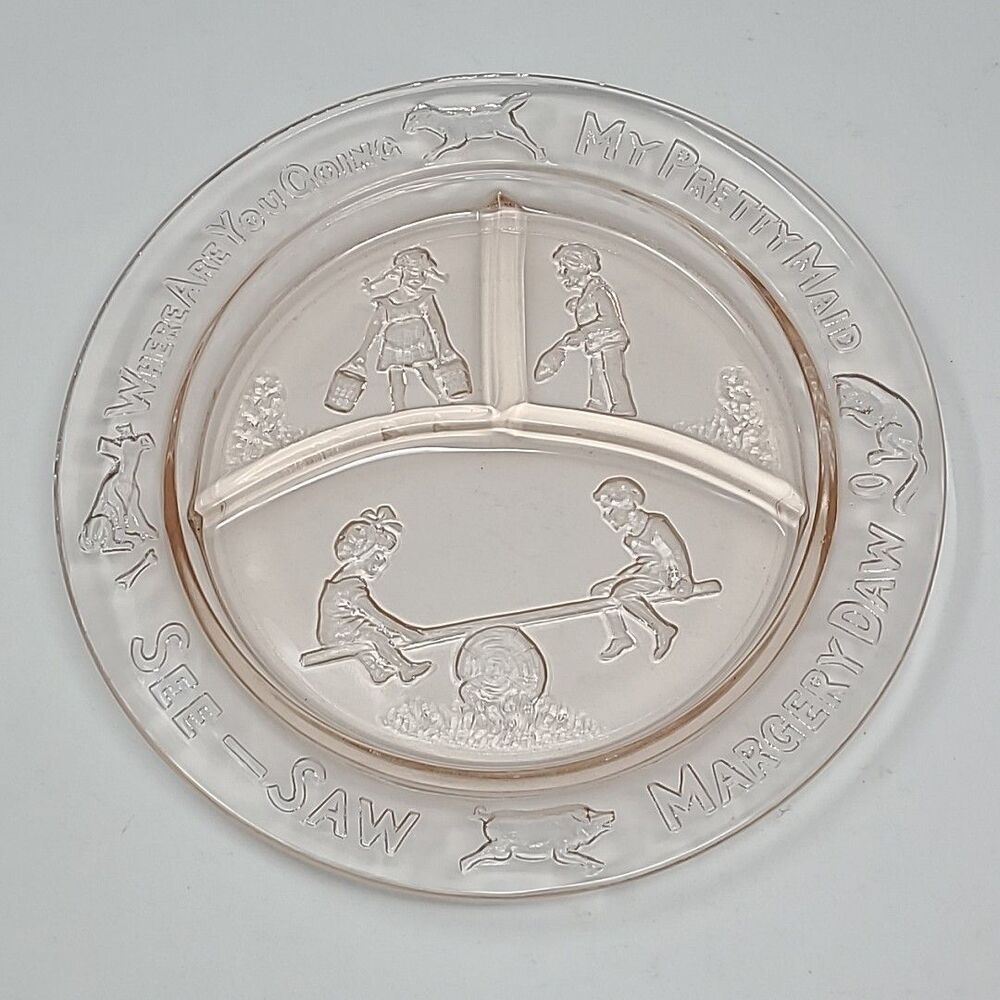 Pink Depression Glass Plate See Saw Margery Daw Childs Vintage Divided Pretty